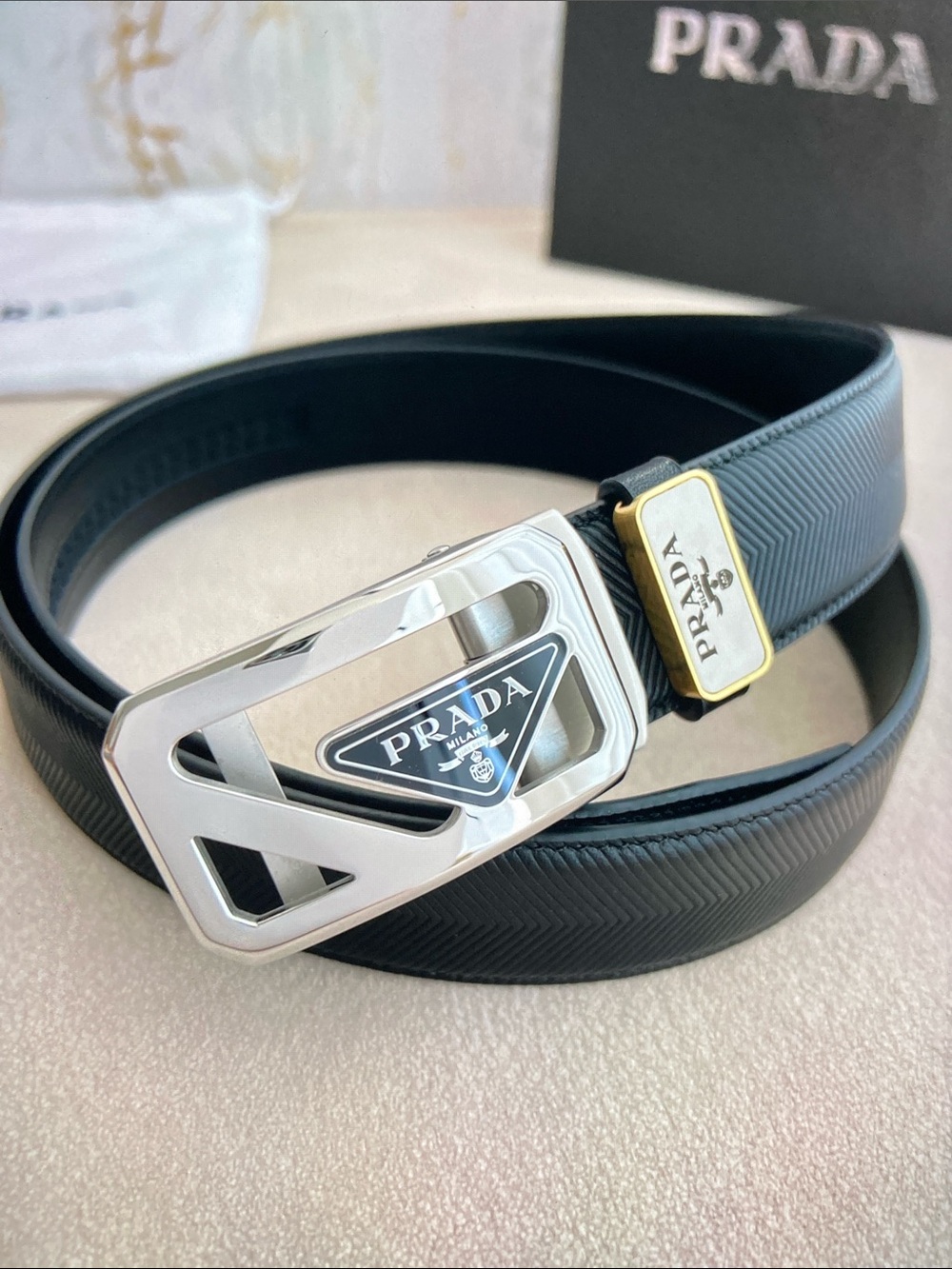 Prada Men Designer Leather Belt Silver-Tone Triangle Hardware